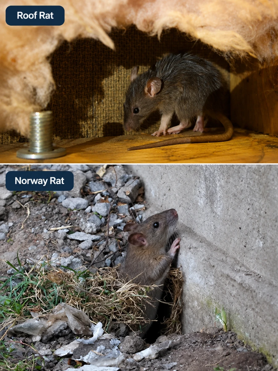 Rat Removal Truckee 1 Roof rat in attic insulation and Norway rat near a foundation opening