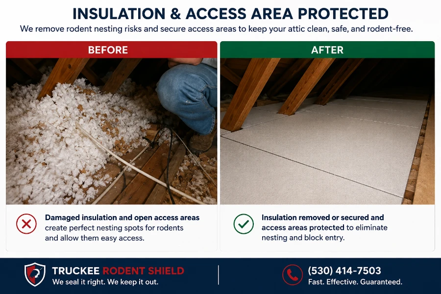 Home 4 Truckee attic insulation and rodent nesting area before and after cleanup and protection