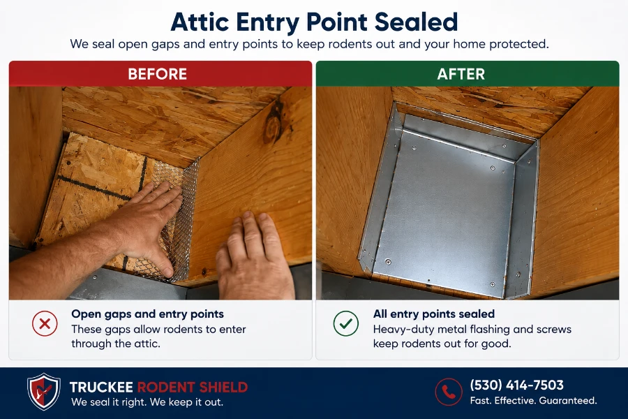 Home 3 Truckee attic rodent entry point before and after metal flashing was installed