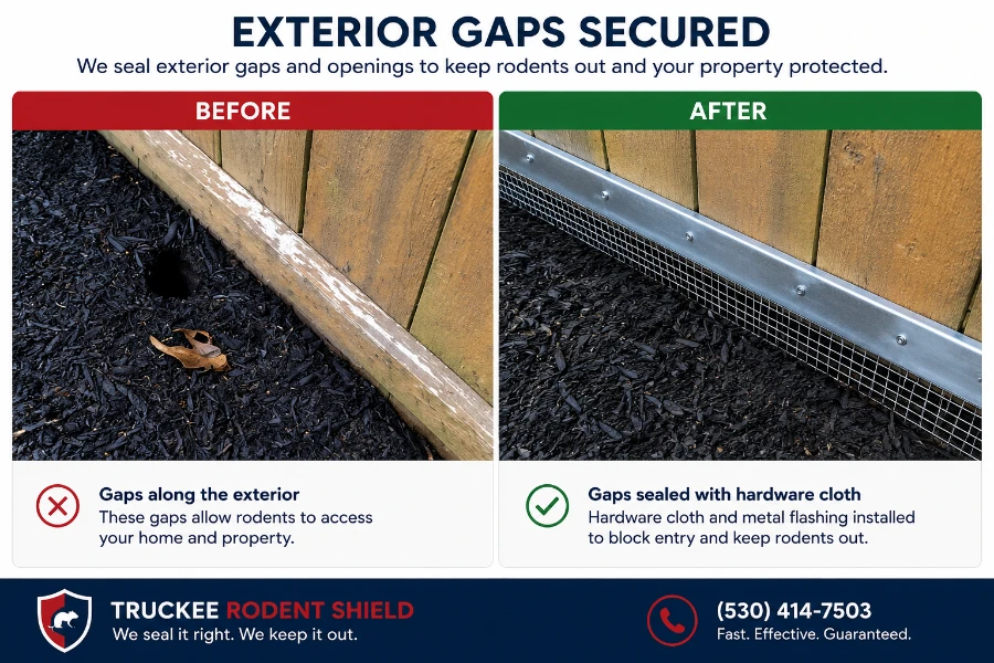 Home 2 Truckee exterior rodent entry gap before and after hardware cloth and metal flashing installation